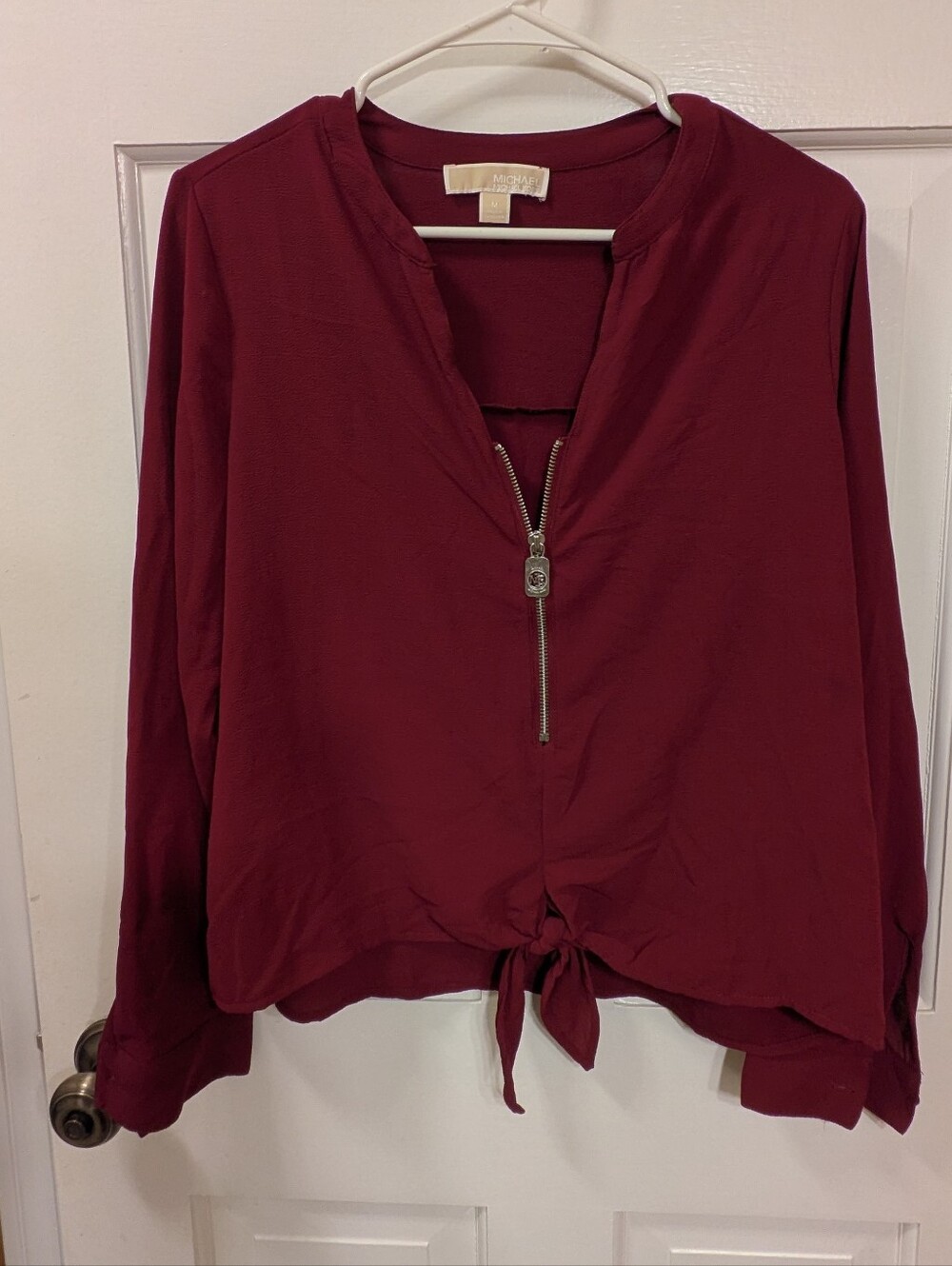 Michael Kors Burgundy Zip-Front Tie Hem Blouse